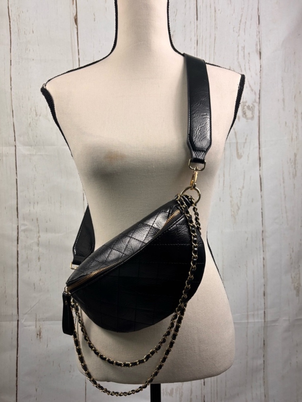Black Quilted Crossbody Belt Bag with Chain